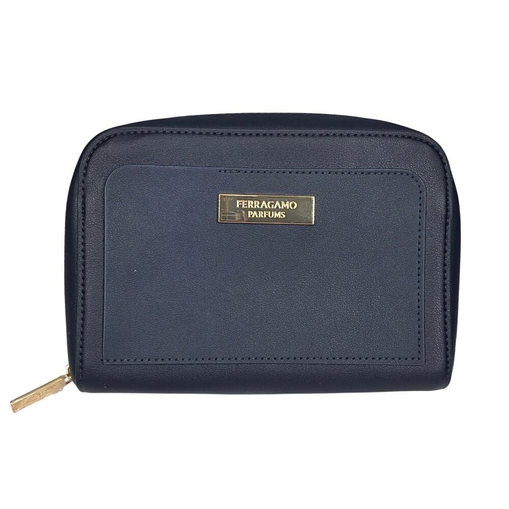 FERRAGAMO PARFUMS x AIR INDIA AMENITY POUCH – NAVY BLUE – GOLD HARDWARE – 8x6x2